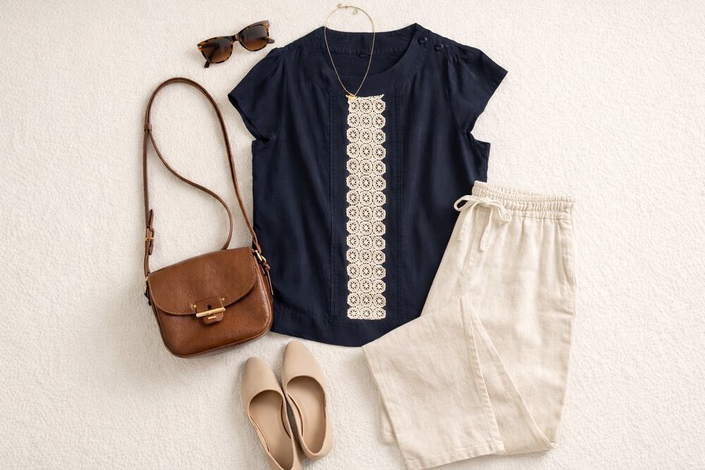 Banana Republic Silk Blend Blouse Petite L Navy Crochet Panel Top